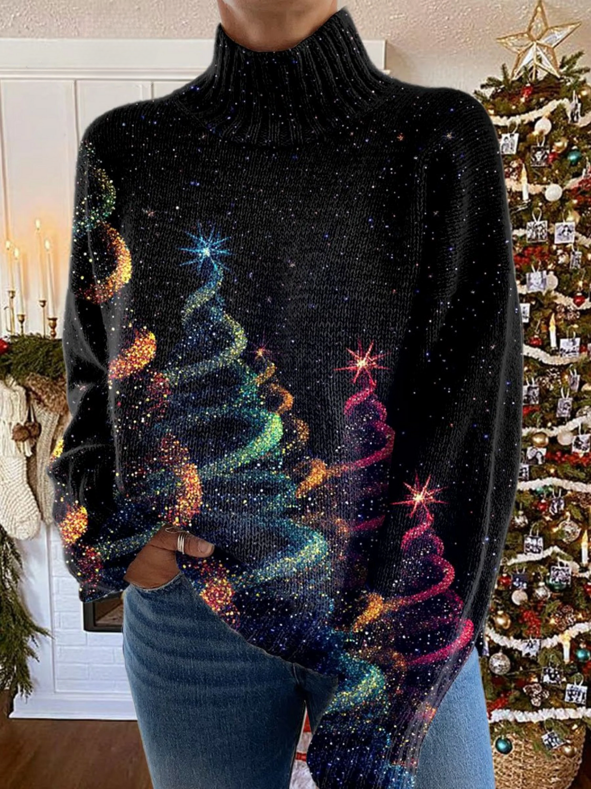 Elle | Glitter Christmas tree print sweater