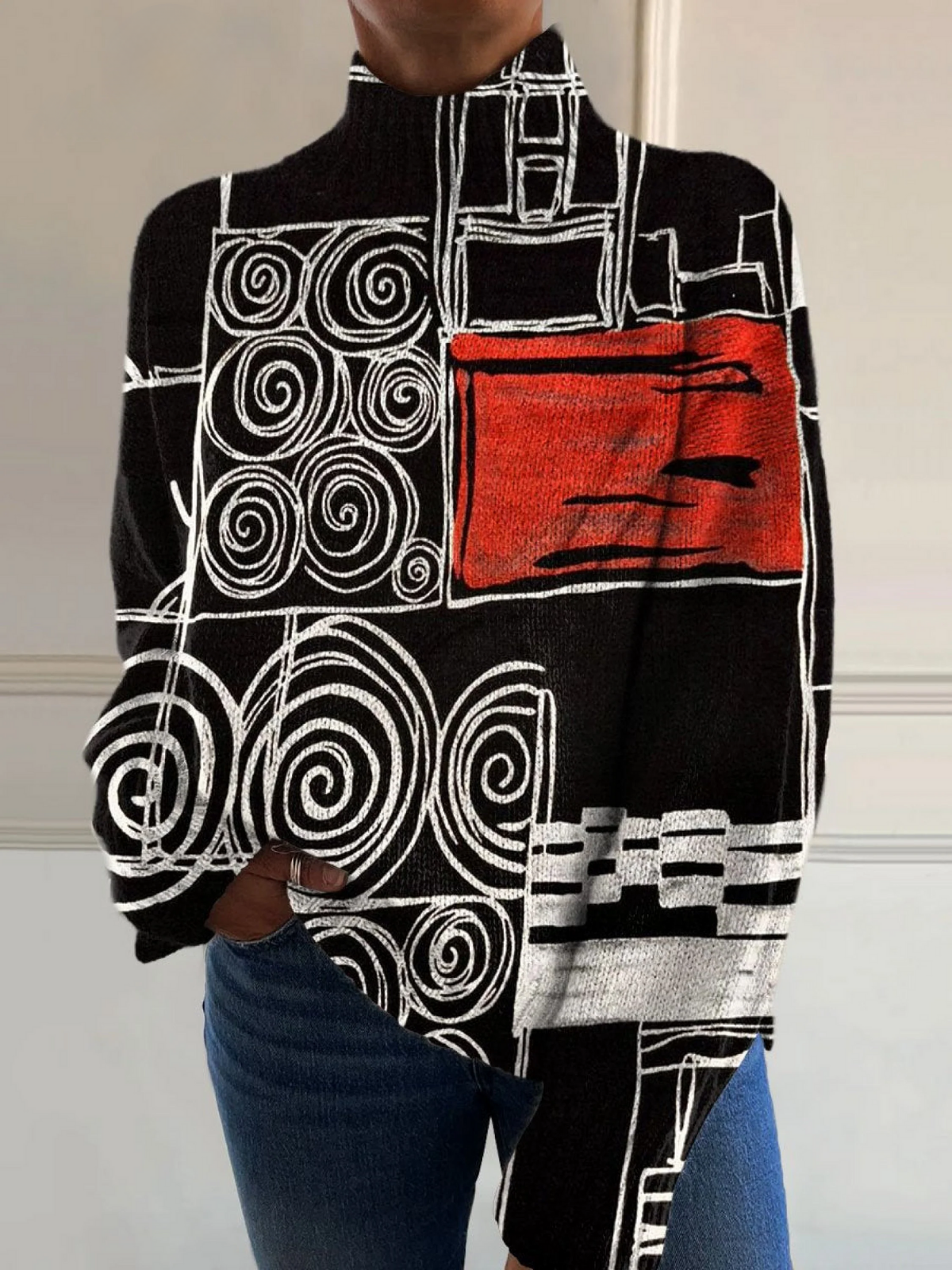 Elle | Abstract color block print turtleneck sweater