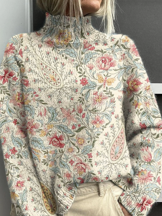 Elle | Vintage paisley floral knit turtleneck sweater