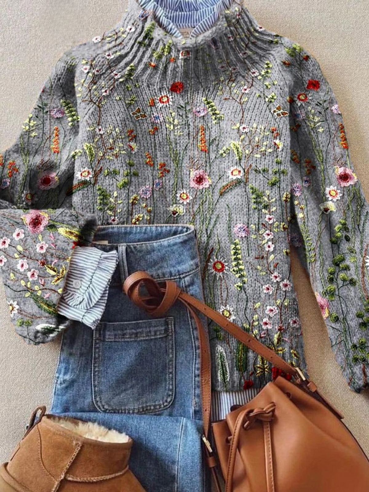 Elle | Vintage floral print turtleneck sweater