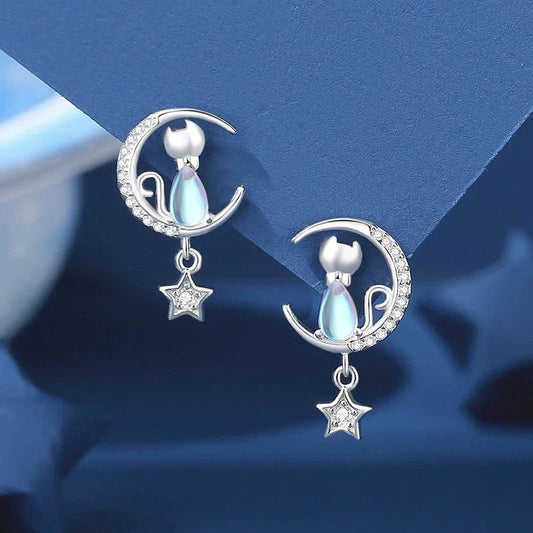 Boucles d’oreilles chat avec lune et étoile en argent sterling 925 avec zirconias