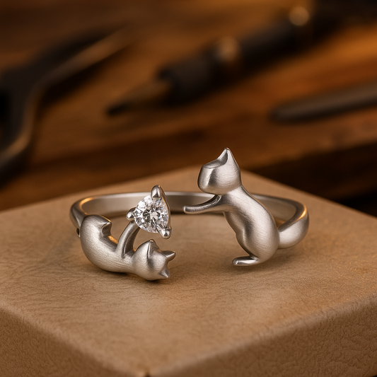 Bague réglable en argent sterling avec chat joueur et zirconias
