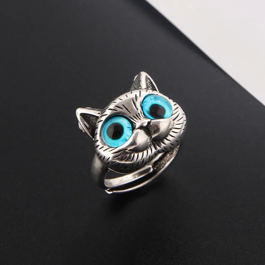 Bague Chat aux Yeux Bleus – Bague vintage ludique en argent pour amoureux des chats