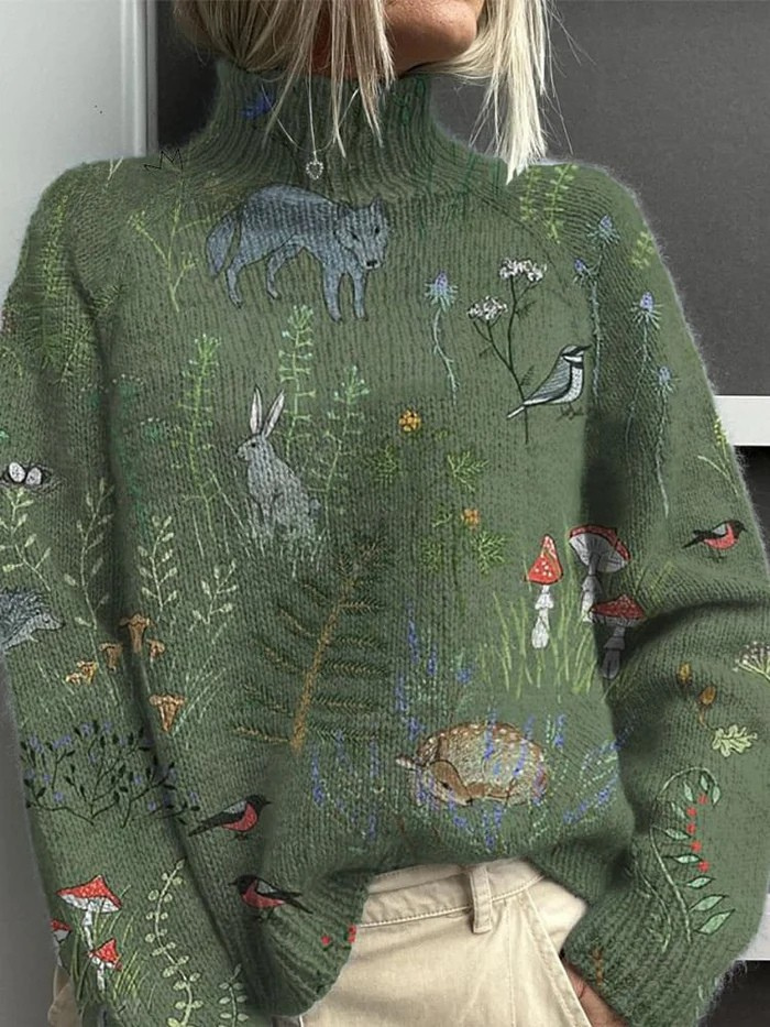 Elle | Knitted forest and animal print turtleneck sweater