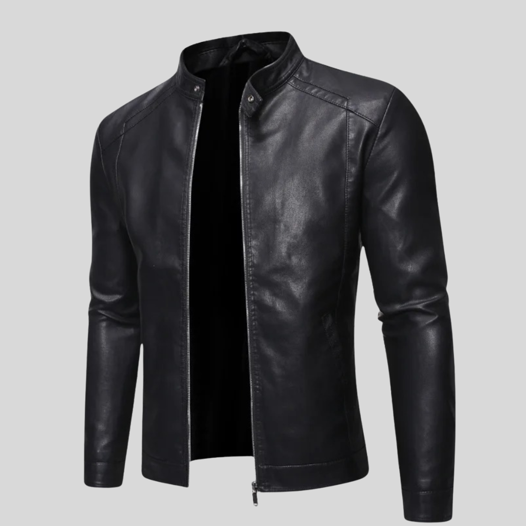 VESTE EN CUIR À COL MONTANT