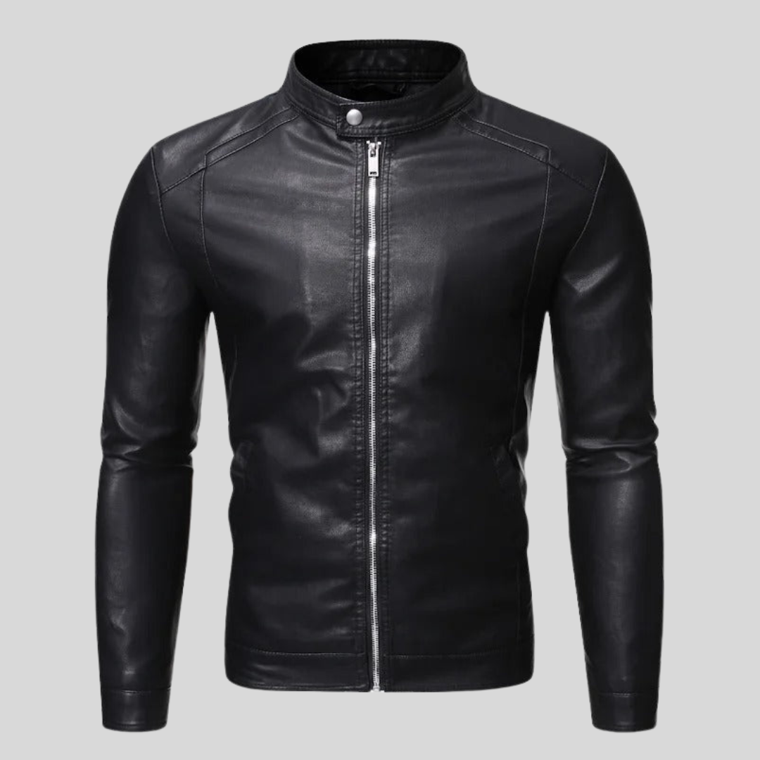 VESTE EN CUIR À COL MONTANT