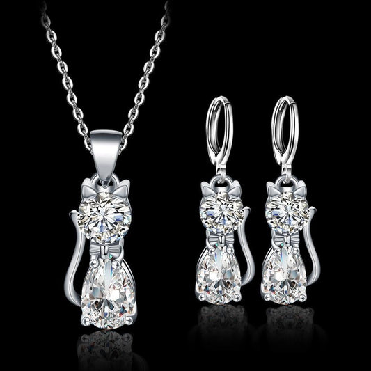 Set collier + boucles d’oreilles Happy Cats en argent sterling et zircon blanc brillant