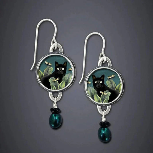 Boucles d’oreilles pendantes vintage avec chat noir tropical